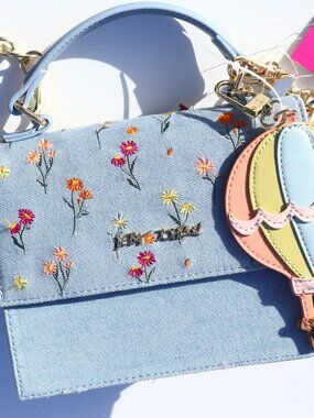 NWT Betsey Johnson Denim Floral Embroidered Handbag Satchel Crossbody Bag Charm